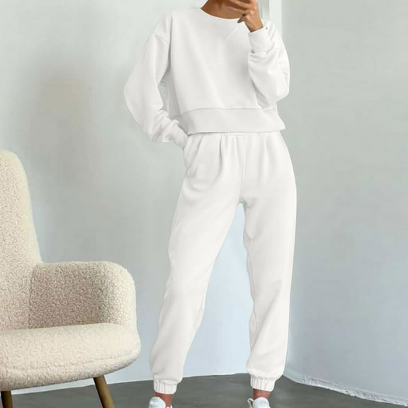 tarylea Womens 2 Piece Sweatsuits Outfits Crew Neck Long Sleeve Crop Top Elastic Waist Cinch Bottom Pants Casual Fall Workout Tracksuits