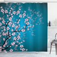 thumbnail image 1 of Cortina de ducha japonesa, diseño de flores de cerezo, juego de decoración de baño de tela con ganchos, 180 cm x 180 cm, color azul pálido y rosa petróleo, 1 of 5