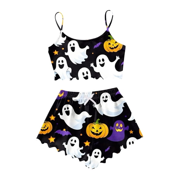 jiaxiM Halloween Pj Shorts, Womens Halloween Pajamas Short Set, Mixed Spooky Graphic Cami Shorts Pajama Set, Lightweight Loose Fit Womens Home Sleepwear