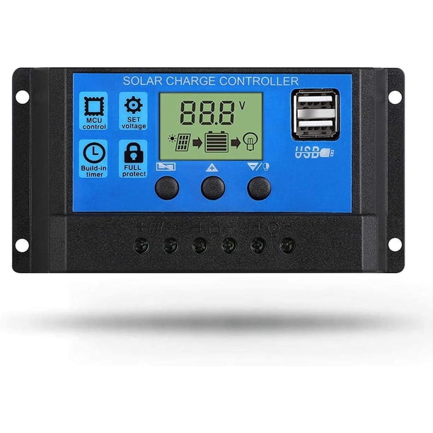 Controlador de carga solar, controlador de panel solar de 20 A, 12 V/24 V, PWM, pantalla LCD ajustable con parámetros automáticos, regulador de batería de panel solar con puerto USB dual