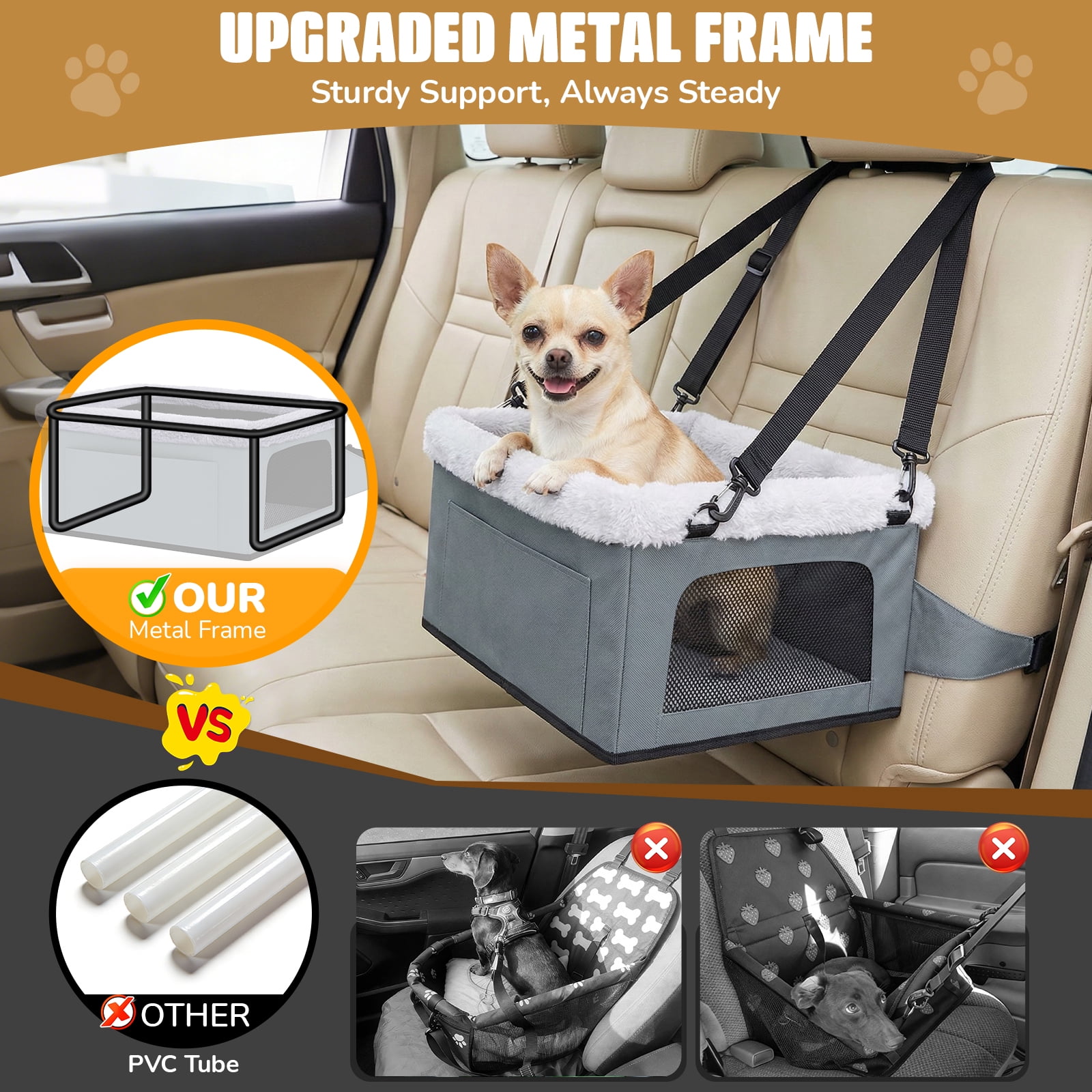 LAKWAR Dog Car Seat for Small Dogs-Booster Car Seat Sturdy with Metal Frame Safety Leash Comfort Cushion for Pets up to 20 lbs