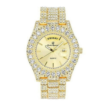 Charles Raymond Big Rocks Fully Iced Out Diamond Mens Watch w/Easy Read Date &Day and Colorful Dials- Designer Hip Hop Blinged Out Timepiece - ST10535 (ST10535-LN Gold)