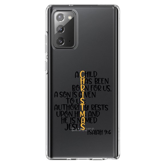 DistinctInk Clear Shockproof Hybrid Case for Samsung Galaxy Note 20 (6.7" Screen) - TPU Bumper Acrylic Back Tempered Glass Screen Protector - Christmas - Isaiah 9:6 - Black Yellow