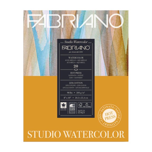 Fabriano Studio Watercolor Pad, Hot-Press, 8in x 10in, 90 lb., 20 Sheets