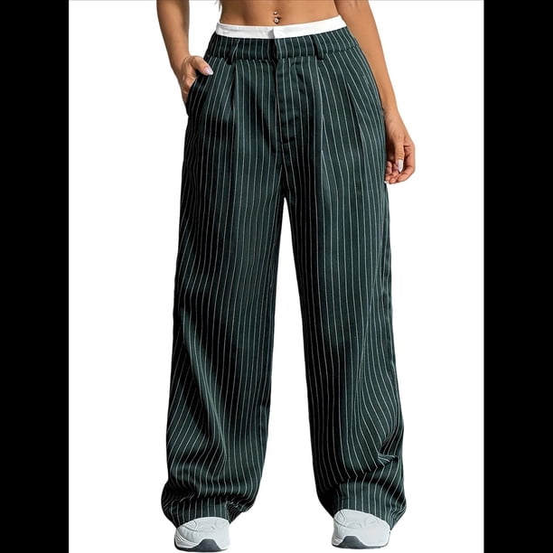 Pantalones A Rayas para Mujer, de Color Block, Cintura Alta, Pierna , Informales, para Trabajo y Oficina. Verde Oscuro M