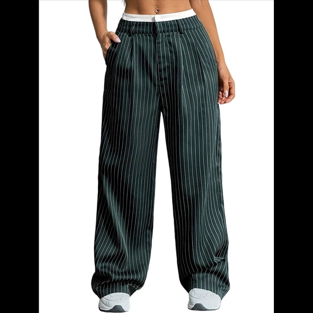 Pantalones A Rayas para Mujer, de Color Block, Cintura Alta, Pierna , Informales, para Trabajo y Oficina. Verde Oscuro M