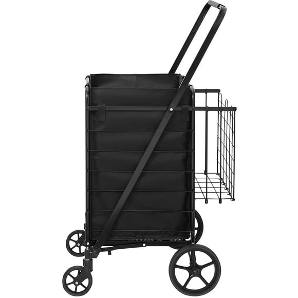 KFFKFF Collapsible Shopping Trolley with Detachable Rainproof Cover, 330LBS Spacious Grocery Cart with Double Basket, Omni-directional Wheels, Sturdy Metallic Mesh Foundation, Robust Utility Cart