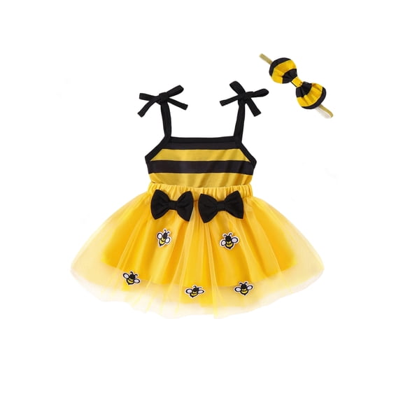 BemeyourBBs Newborn Baby Girl Bee Romper Dress Outfit Infant Baby Girls Summer Clothes 0 3 6 12 18 Months Sleeveless Bee Stripes Tuule Tutu Dress with Bow Hairband Set