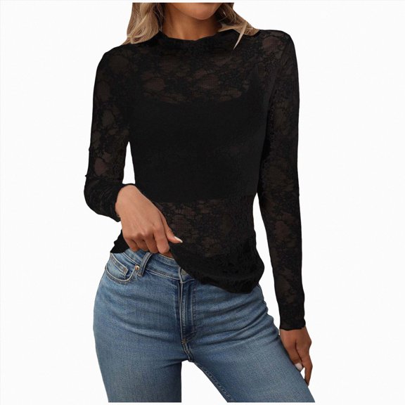 mgoYE Women's Mesh Top Long Sleeve Mock Neck Sheer Blouse Floral Lace Tops(Black,XL)