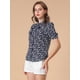 thumbnail image 4 of Blusa floral con cuello alto y manga corta Allegra K Azul XL, 4 of 6