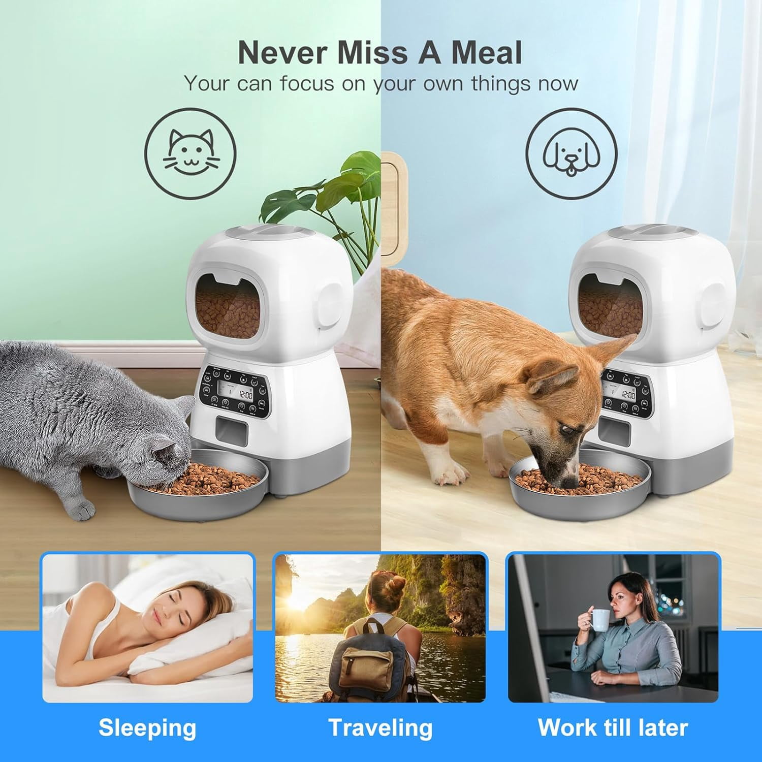 Automatic Cat Feeders, 3.5L Timed Dog Feeder 4 Meals Daily with Portion Control, Automatic Pet Feeders with Timer for Small Medium Dog & Cat, Auto Dry Cat Food Dispenser with Dual Power Supply
