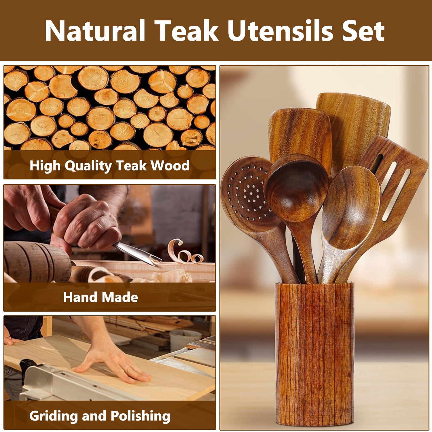 Kisportee Wooden Spoons for Cooking, 8 Pcs Natural Teak Wooden Utensils Set, Non-Stick & Heat Resistant Durable Wood Kitchen Utensil Set