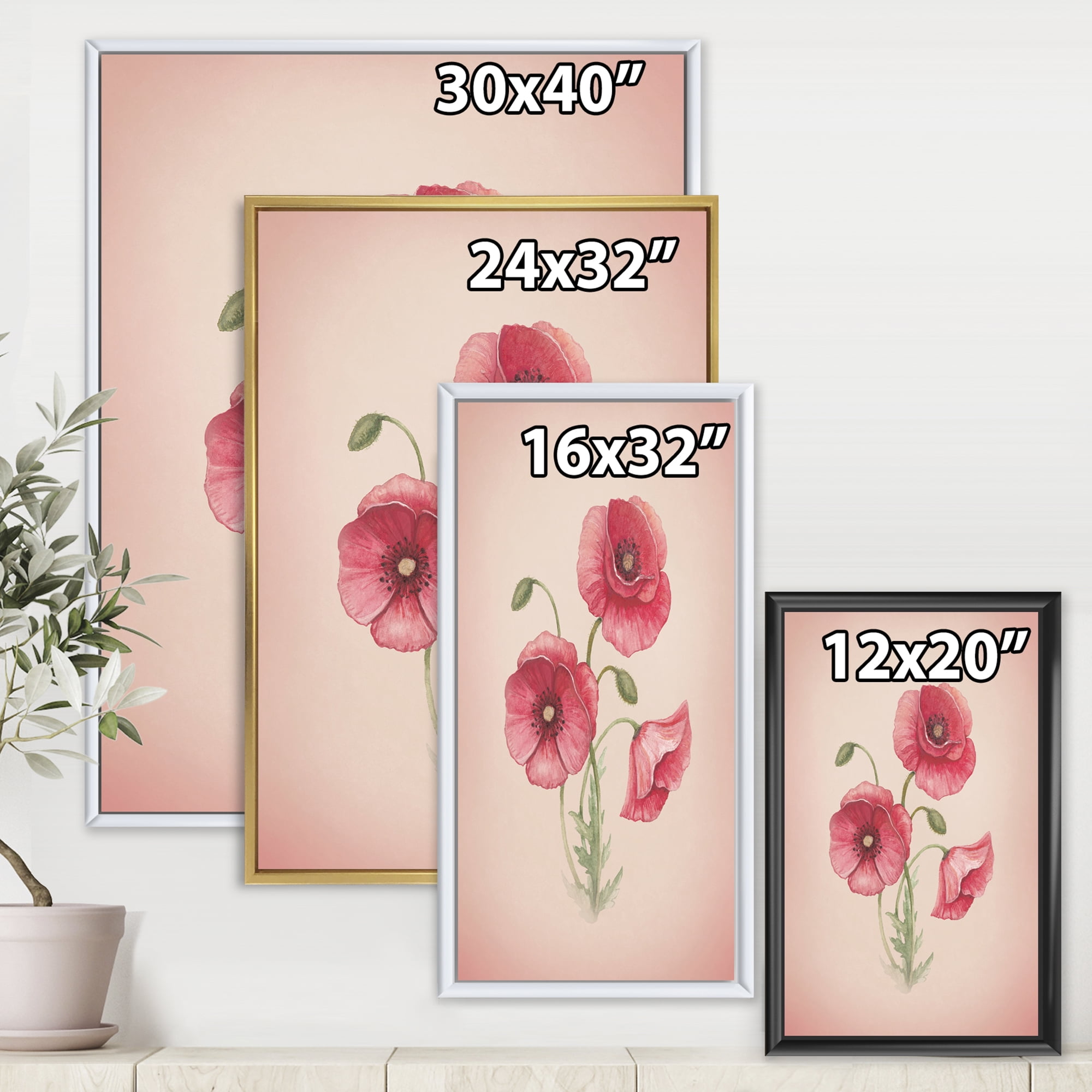 Designart 'Poppy Retro Flowers' Vintage Framed Canvas Wall Art Print