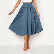 ZunFeo Womens Linen Midi Skirt Elastic Waist Blue - Flowy Swing A-Line Crinkle Texture Summer Casual Skirt for Women, Machine Washable, Boho Chic,Size Free Size