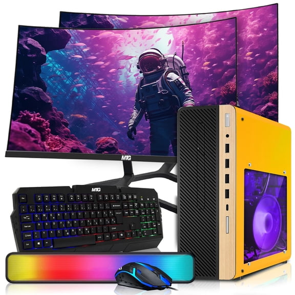 Restored HP Half Light Desktop Computer PC Lambo AMD Ryzen 3 PRO, 16GB RAM, 1TB SSD, Dual 32 Inch Curved Monitor, RGB KBM, Sounbar, WiFi BT, Win 11