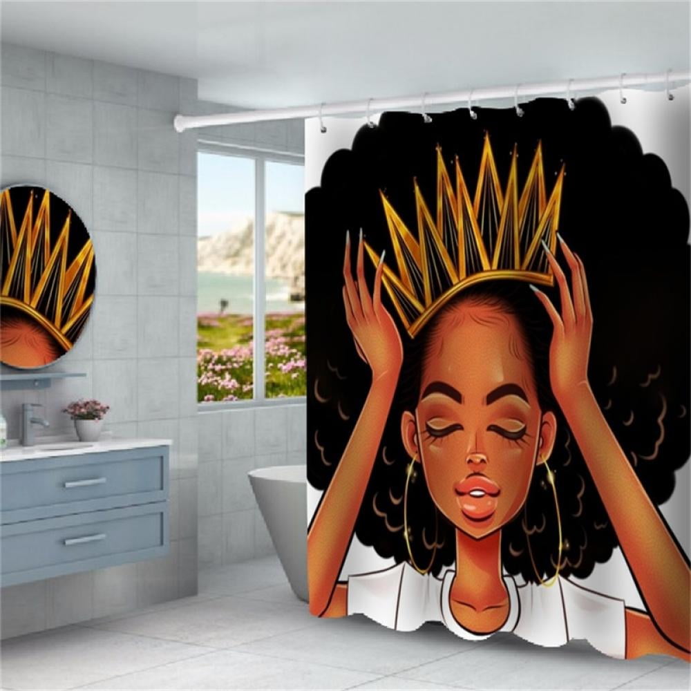 Afro African American Queen Shower Curtain Sets Black Girl for Bathroom Decor 