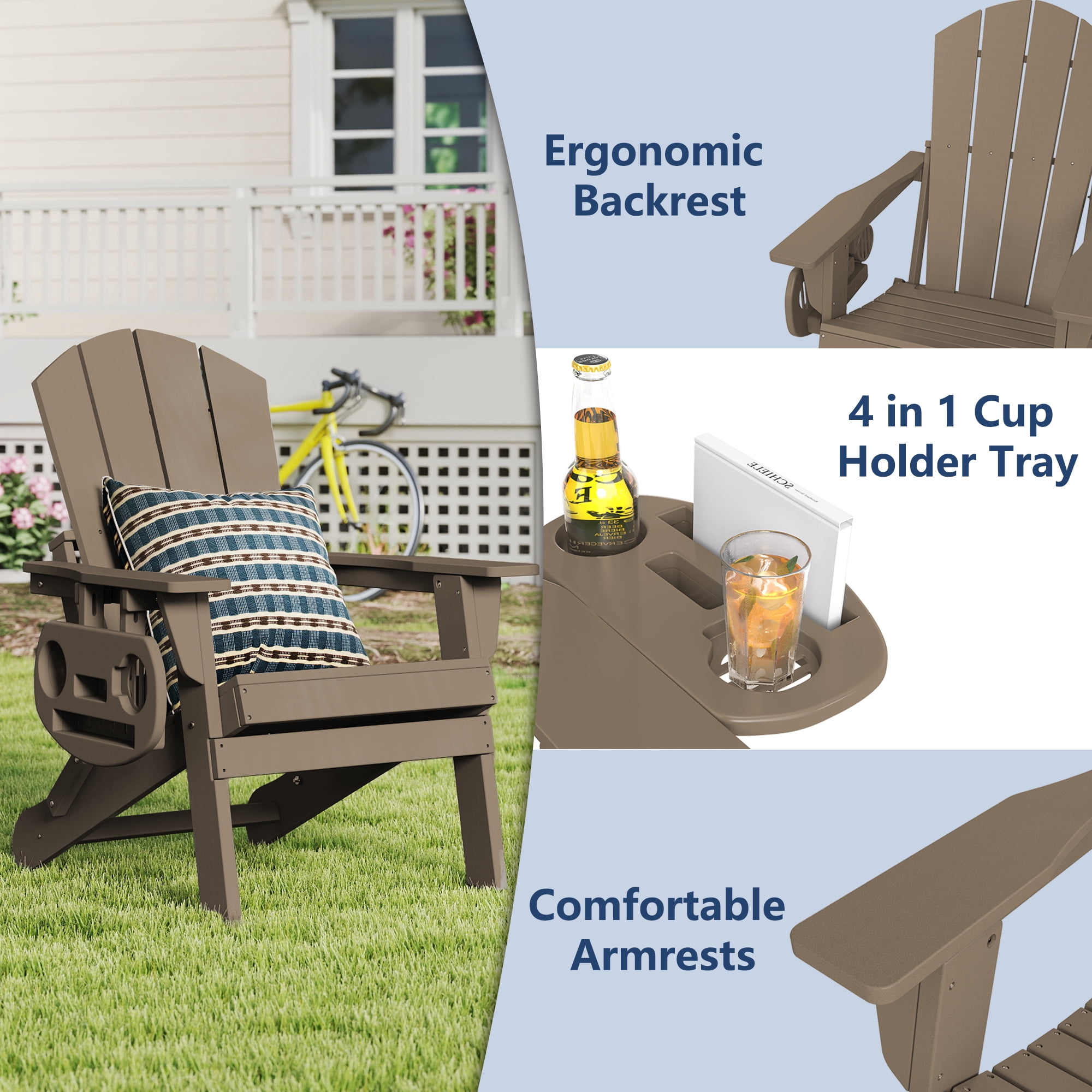 FOOWIN Folding HDPE Adirondack Chairs Set of 4, Brown