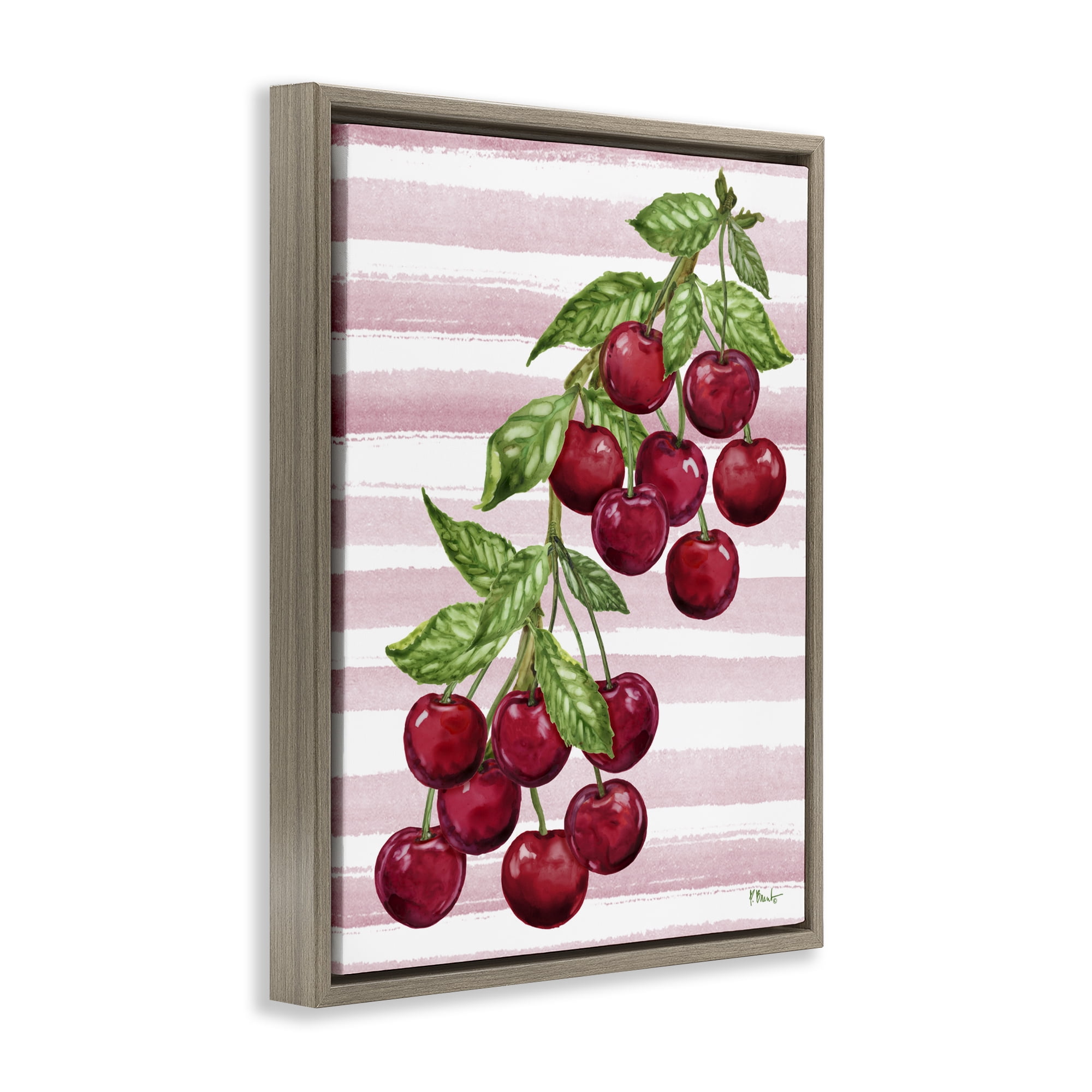 Stupell Industries Juicy Cherry Vine on Stripes Brown Framed Floater Canvas Wall Art, design by Paul Brent
