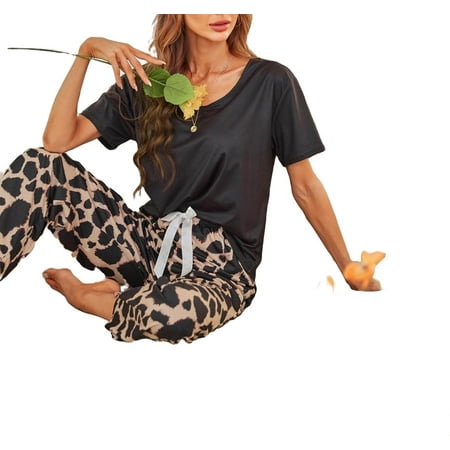 

Casual Leopard Print Scoop Neck Pant Sets Short Sleeve Multicolor Womens Pajama Sets (Women s)