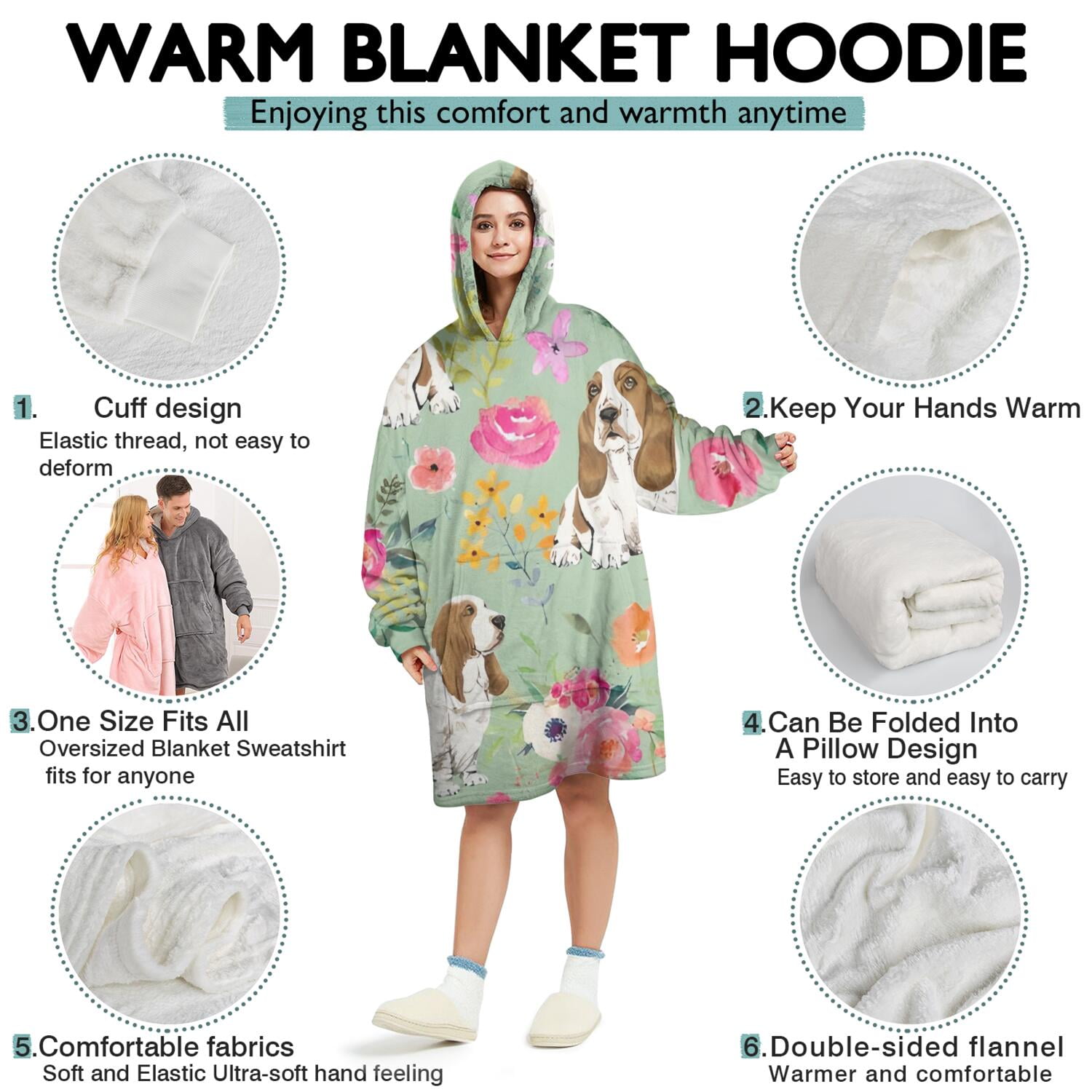 Wearable Oversized Blanket,Basset Hound and Pioneer Flower Wearable Blanket Hoodie for Adults,Cozy Hooded Blankets with Super Pockets,Super Warm Fuzzy Pullover for Women & Men