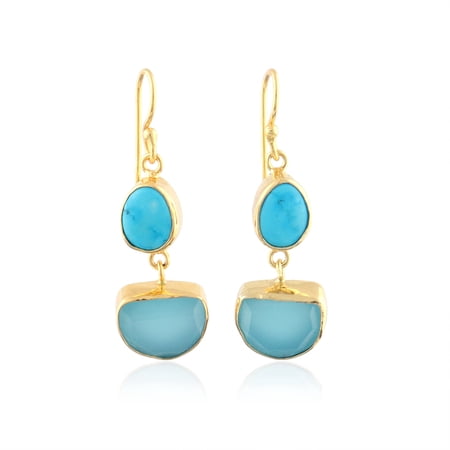 Zeva Jewels Blue Calcedony With Turquoise Gemstone Brass Jewelry, 18k Gold Plated Brass Earrings.