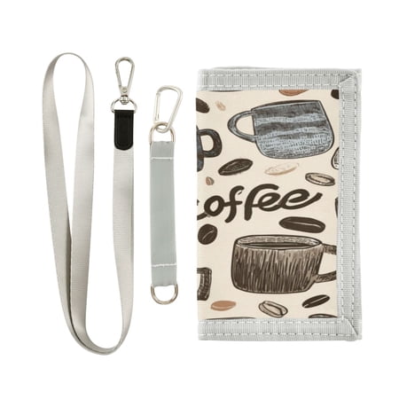 Nylon Fabric Wallet Compact Bifold With Zipper Coin Pocket Card Slots And Detachable Keychain Lanyard Coffee-themed Pattern