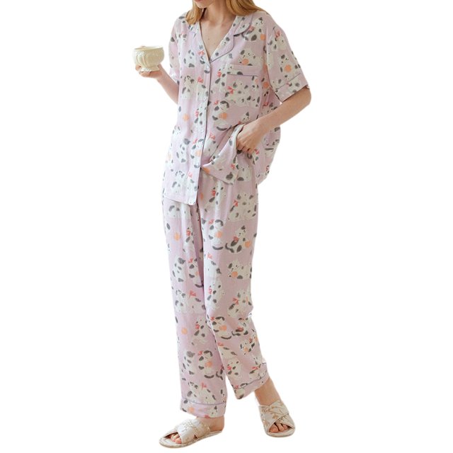 Loungewear Pjs Set Conjunto Pijama Mujer Camisa Manga Corta Con Botones Y Pantalones Largos