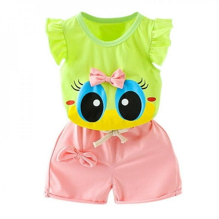 

Kid Clothes Set Summer Novelty Fly Sleeve Duck Cartoon Tee Shirt+Bow Knot Decoration Shorts Clothing Suit Child Clothes