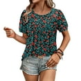 thumbnail image 3 of Women's Blouses Top Fashion Spring Floral Print Casual Shirts Summer Short Sleeve T-Shirt Pleated Non-positioned Printed Blouse Round Neck Loose Pullover Top Army Green M, 3 of 7