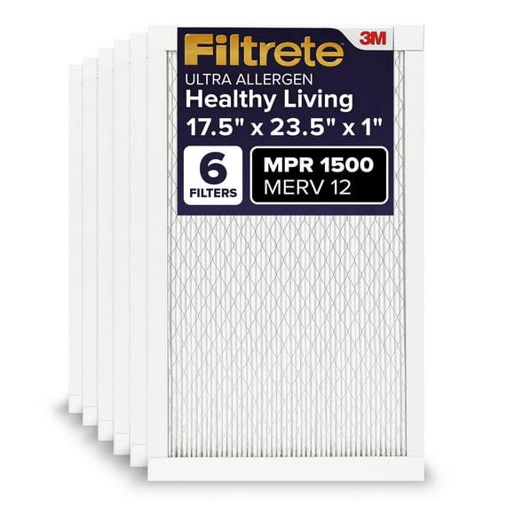 Filtrete 17.5x23.5x1 AC Furnace Air Filter, MERV 12, MPR 1500, CERTIFIED Asthma & Allergy Friendly, 3-Month Pleated 1-Inch Electrostatic Air Cleaning Filter, 6-Pack (Actual Size 17.19x23.19x0.78 in)