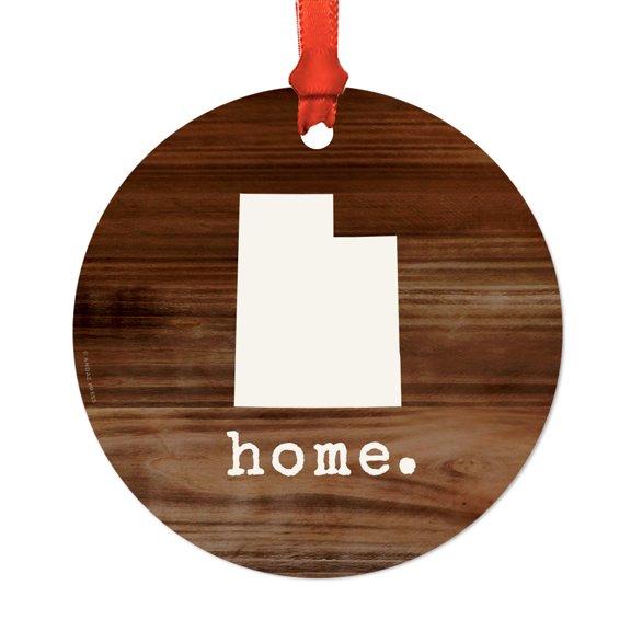 US State Round Metal Christmas Ornament, Rustic Wood Print, Utah, Includes Ribbon and Gift Bag