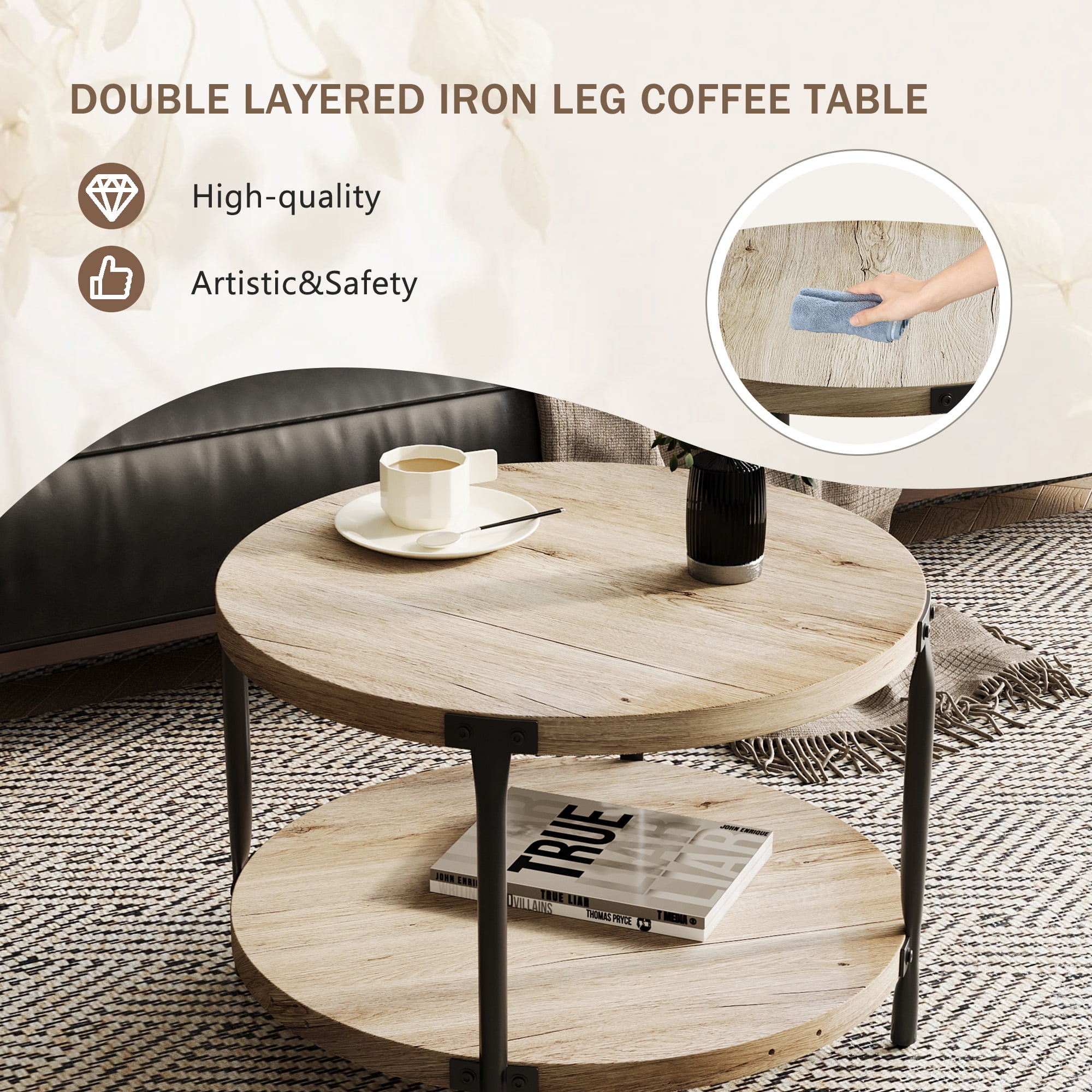 Modern Minimalist Round Coffee Table 29.61" MDF Double Layer Open Storage Easy Assembly for Living Room Study Room