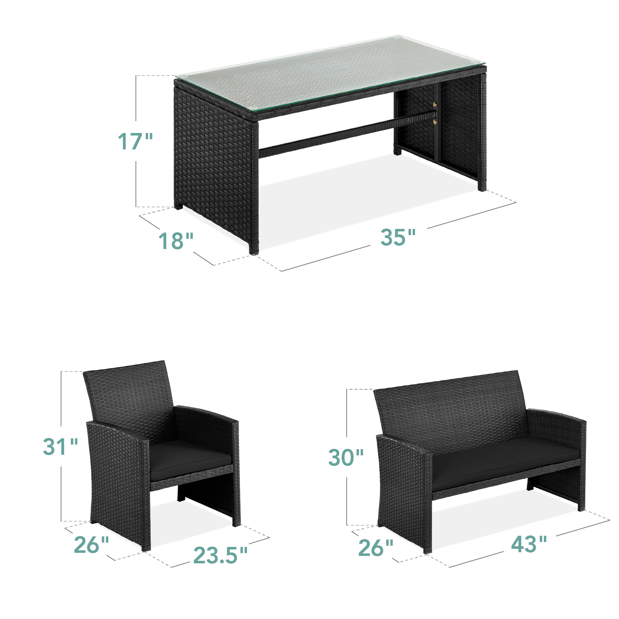 Best Choice Products 4-Piece Outdoor Wicker Patio Conversation Furniture Set w/ Table, Cushions - Black/Black