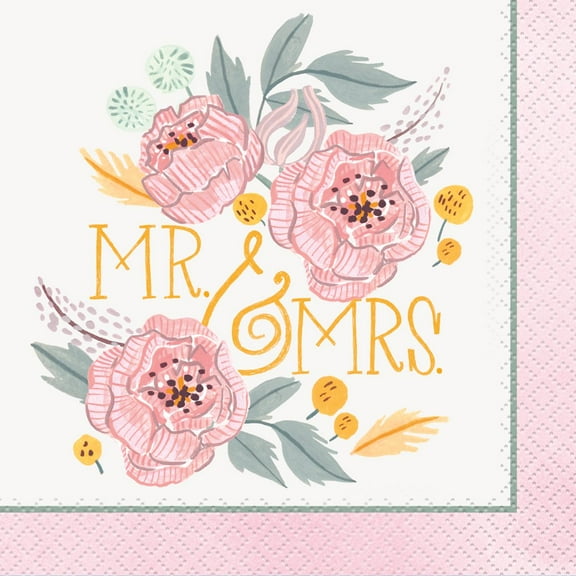Pink Painted Floral "Mr. & Mrs." Bridal Shower Paper Napkins, 5 in, 16ct