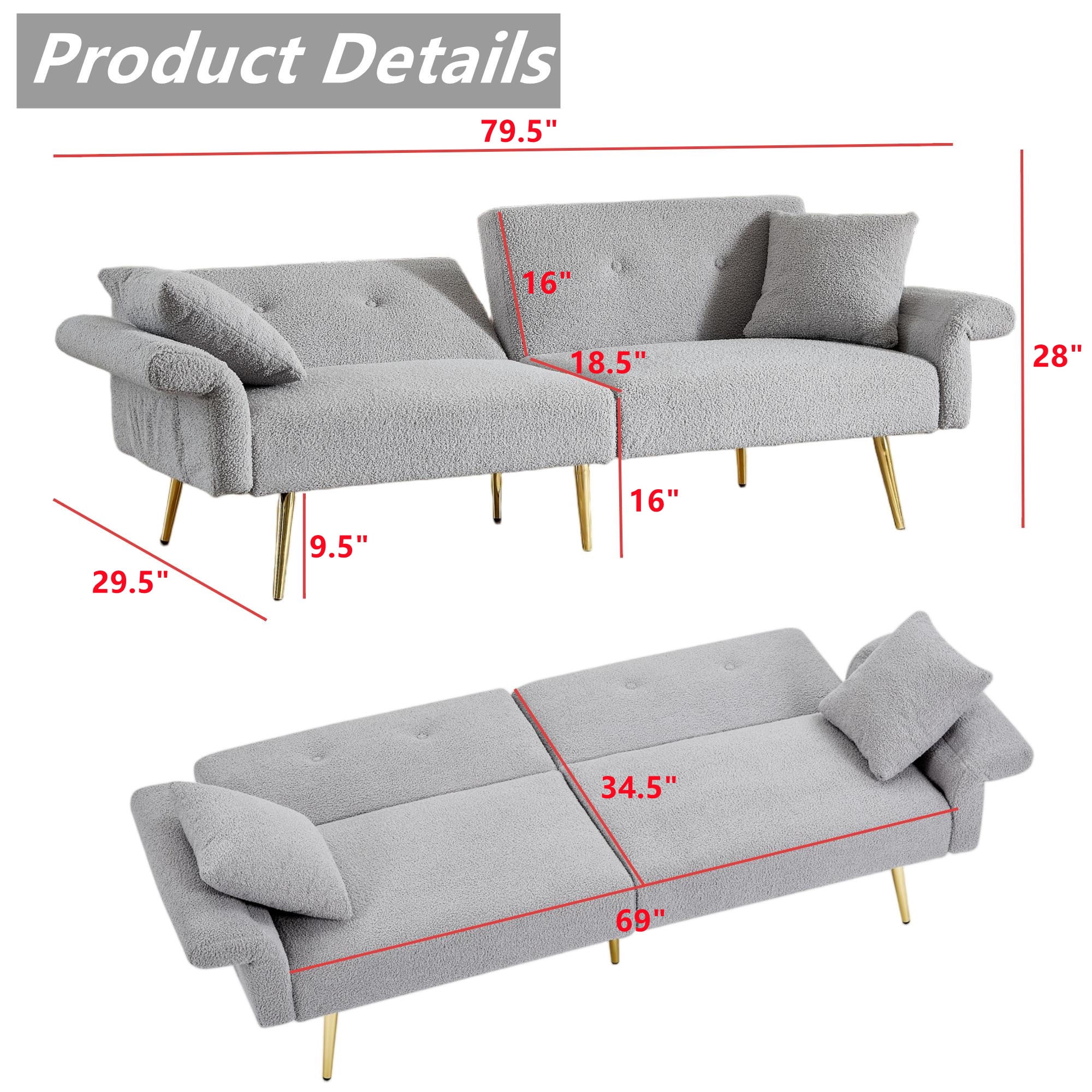 Aukfa 79" Futon Convertible Sofa Bed, Adjustable Arm, 2 Pillows&Side Pocket, Teddy Fleece, Gray