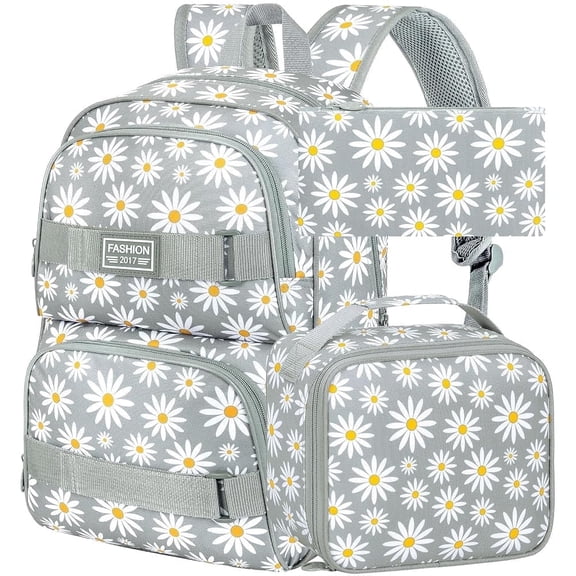 3PCS Daisy Girls Backpack, 17 inch Laptop School Bookbag Teen College Water Resistant Kids Backpacks with Lunch Box Set - Grey
