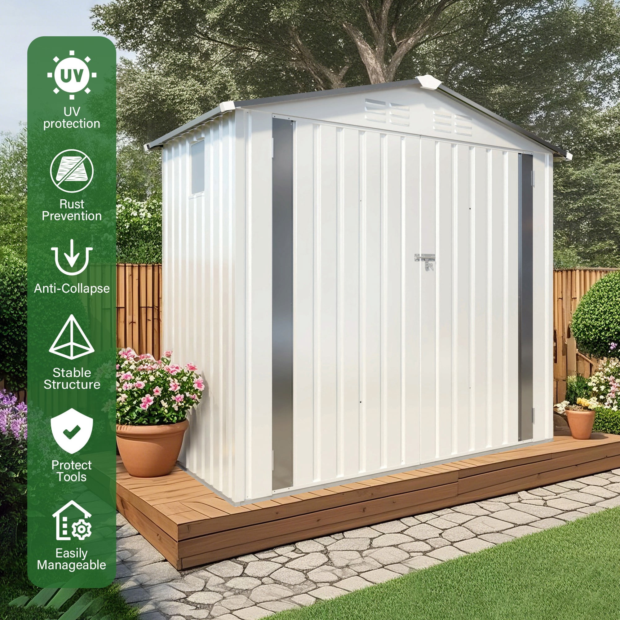Aukfa 6x3.6 FT Outdoor Storage Shed with Lockable Door & Peaked Roof, Waterproof Garden Shed, Compact Metal Shed for Backyard, Patio, Bike & Tool Storage, White