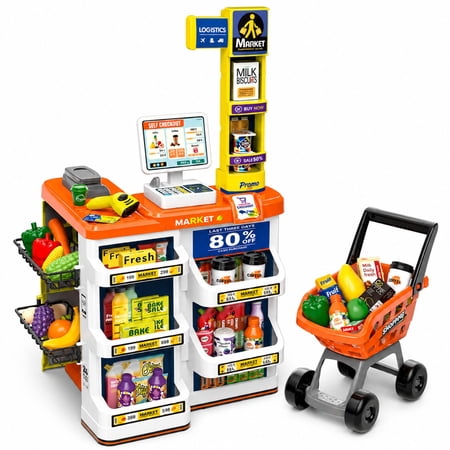 Mundo Toys Supermarket Playset for Kids 60 Pieces Cash Register Grocery Store Toy, Multicolor