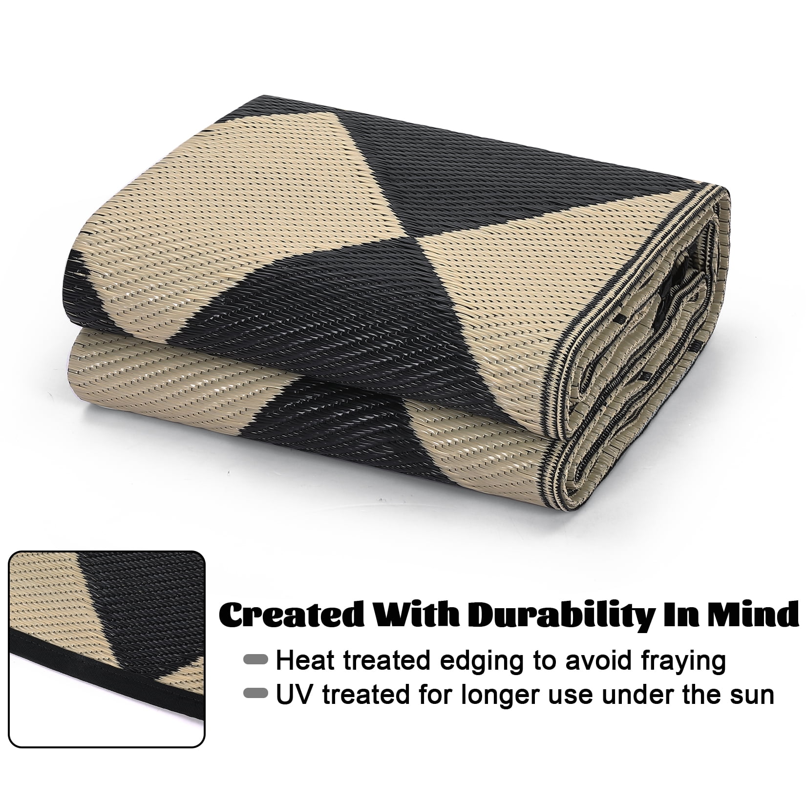 GlowSol 9x18 Outdoor Rug Waterproof Carpet Patio Rug Indoor Outdoor Area Rug Reversible Rug for Picnic Beach Deck-Outdoor, Black/Coffee