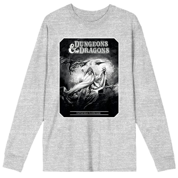 Dungeons & Dragons Gray Wizards & Dragons Cover Art Crew Neck Long Sleeve Athletic Heather Adult Tee-3XL
