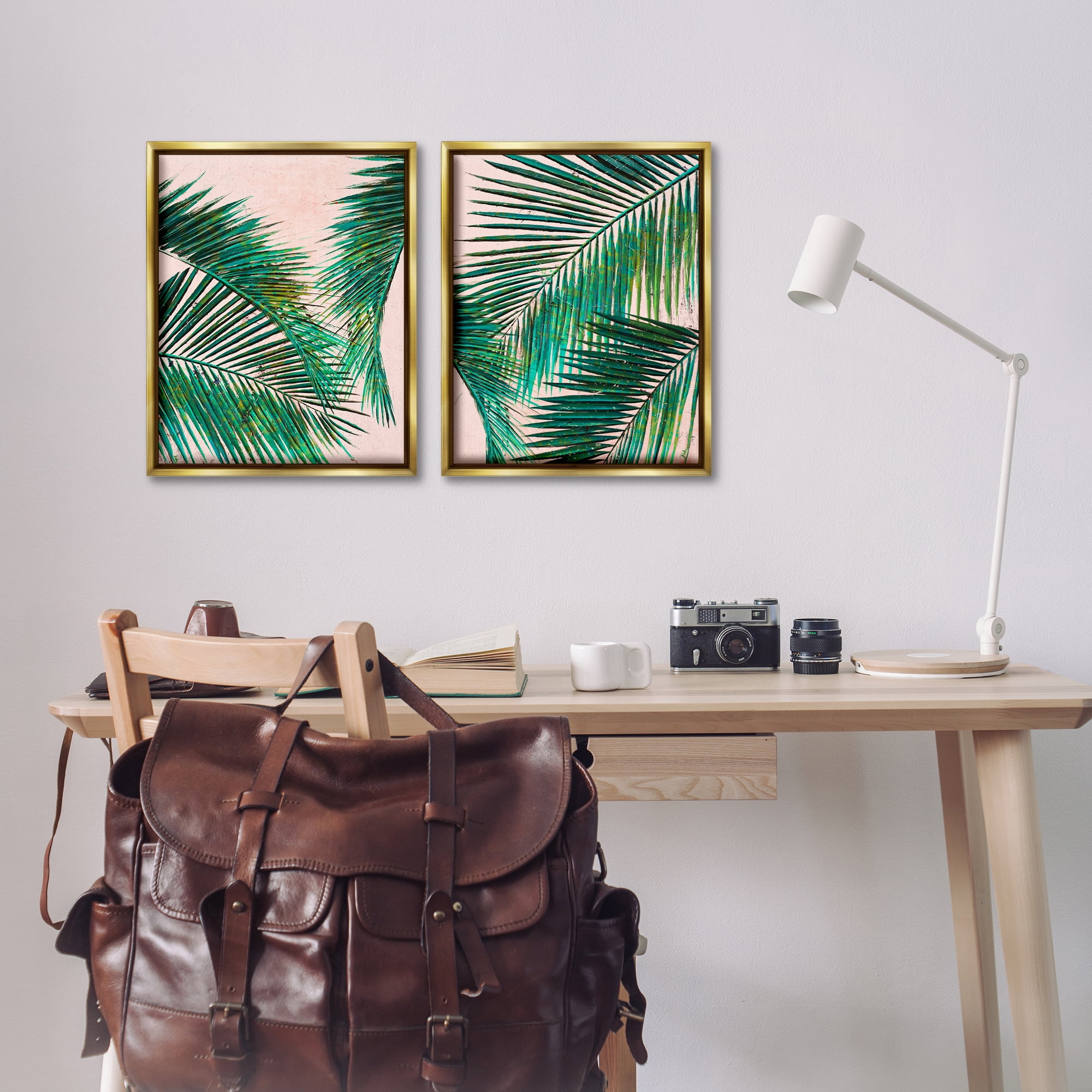 Stupell Industries Tropical Palm Fronds Plants & Flowers Painting Gold Floater Framed Canvas Art Print Wall Art, 17 x 21, Set of 2