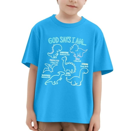 Sjldqy Girls Tshirts Dinosaur Animal Print Crew Neck Short Sleeve Summer Breathable Soft Dailywear Sports Girls Tops Size 5-6 Years Sky Blue