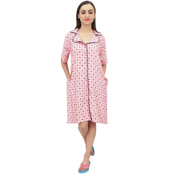Bimba Polka Dot Print Peach Women's Short Sleepshirt Night Dress With Pockets - 4