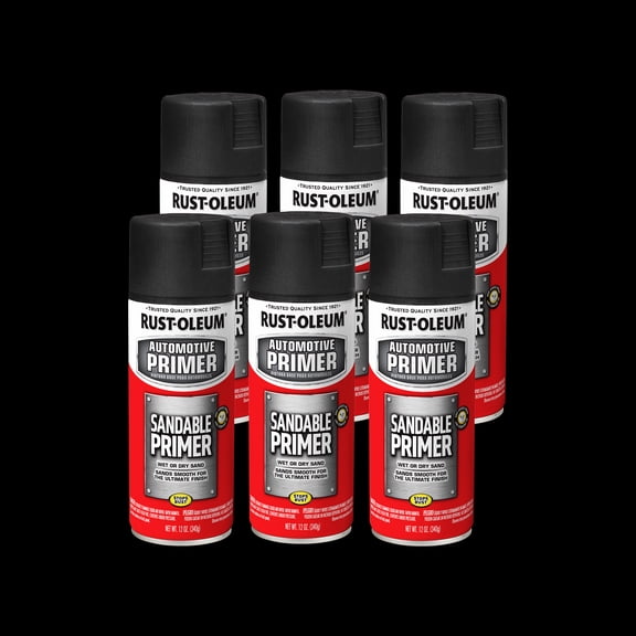 6 Pack, Black, Rust-Oleum Automotive Sandable Primer Spray-249418, 12 oz