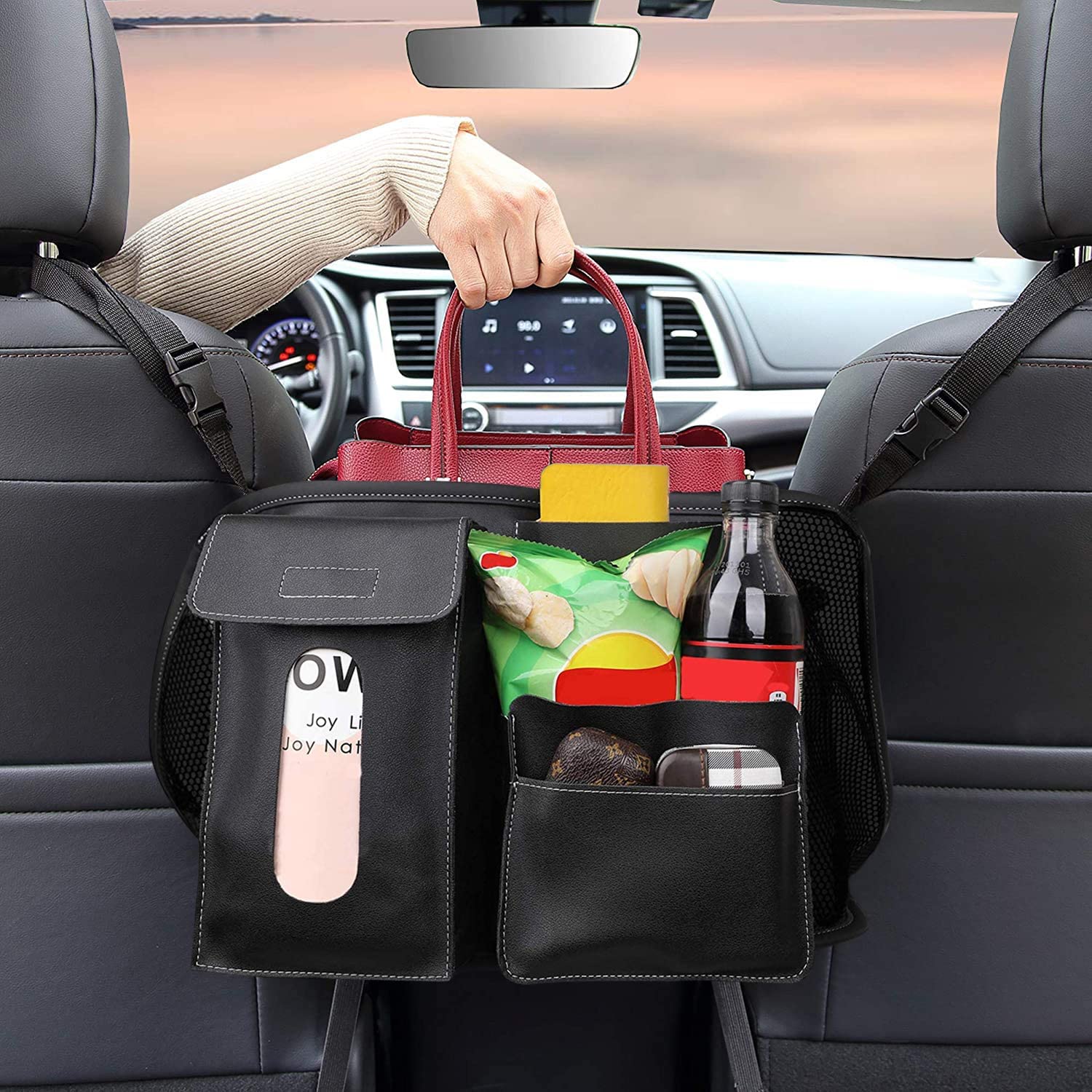 Car Handbag Holder, Leather Seat Back Organizer Mesh Large Capacity Bag