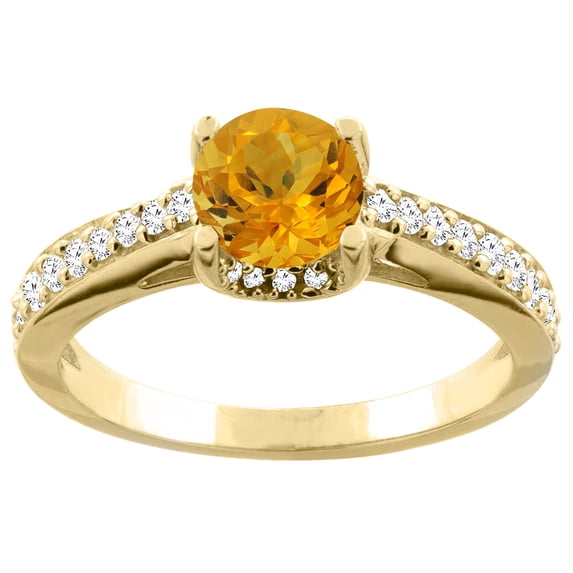 14K Yellow Gold Natural Citrine Ring Round 6mm Diamond Accents 1/4 inch wide, size 5.5