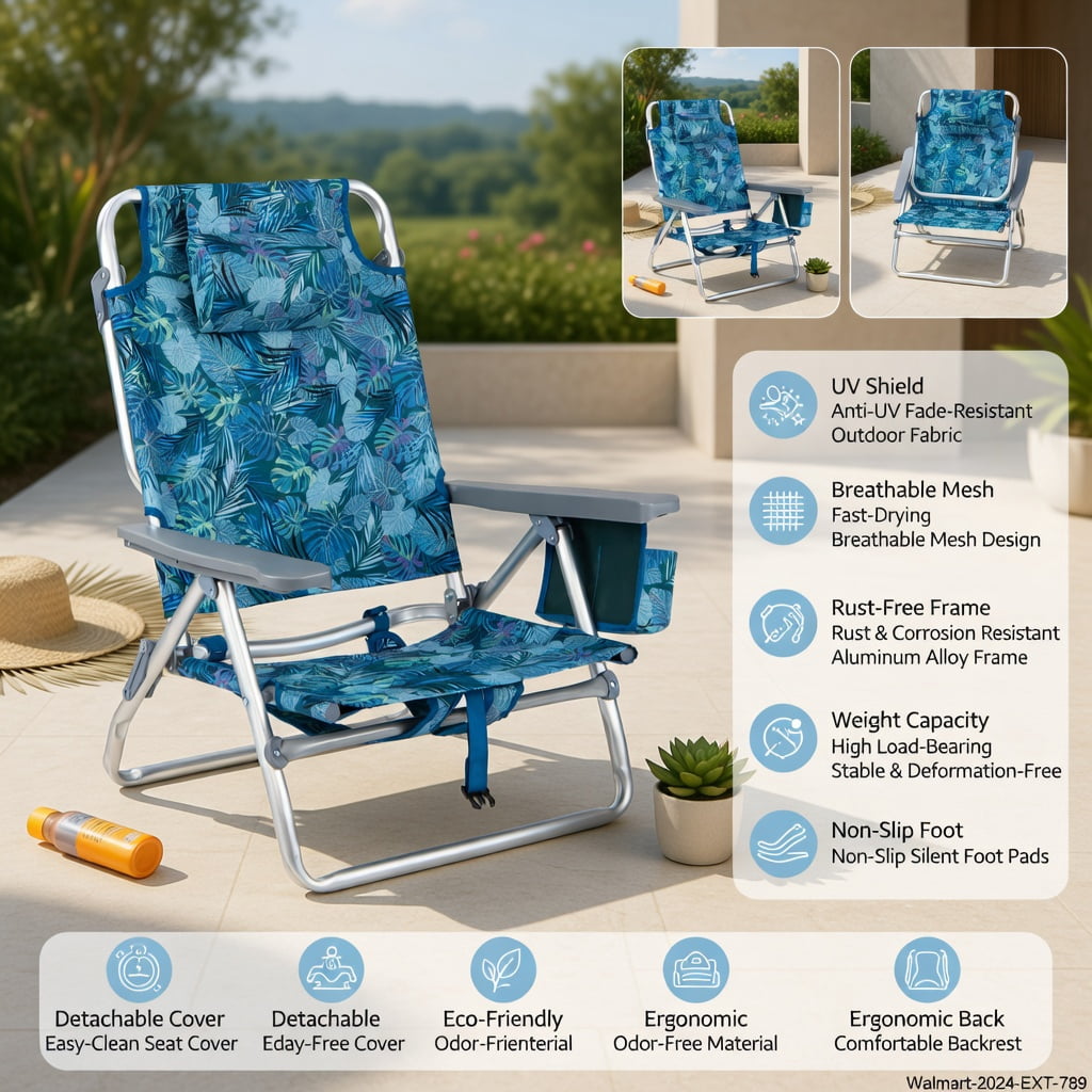 Hommoo 2-Pack Portable Beach Chairs with 5-Position Reclining Backrest, Padded Headrest & Insulated Cooler Bag, Peacock Blue