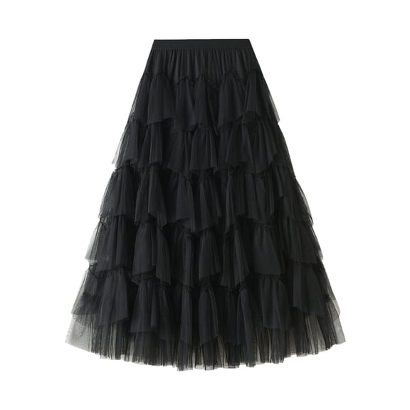 Women's Elegant A Line Pleated Long Skirt Flowy Chiffon High Waist Ruffle Mesh Calf Length Tutu Skirt for Casual Party Wear