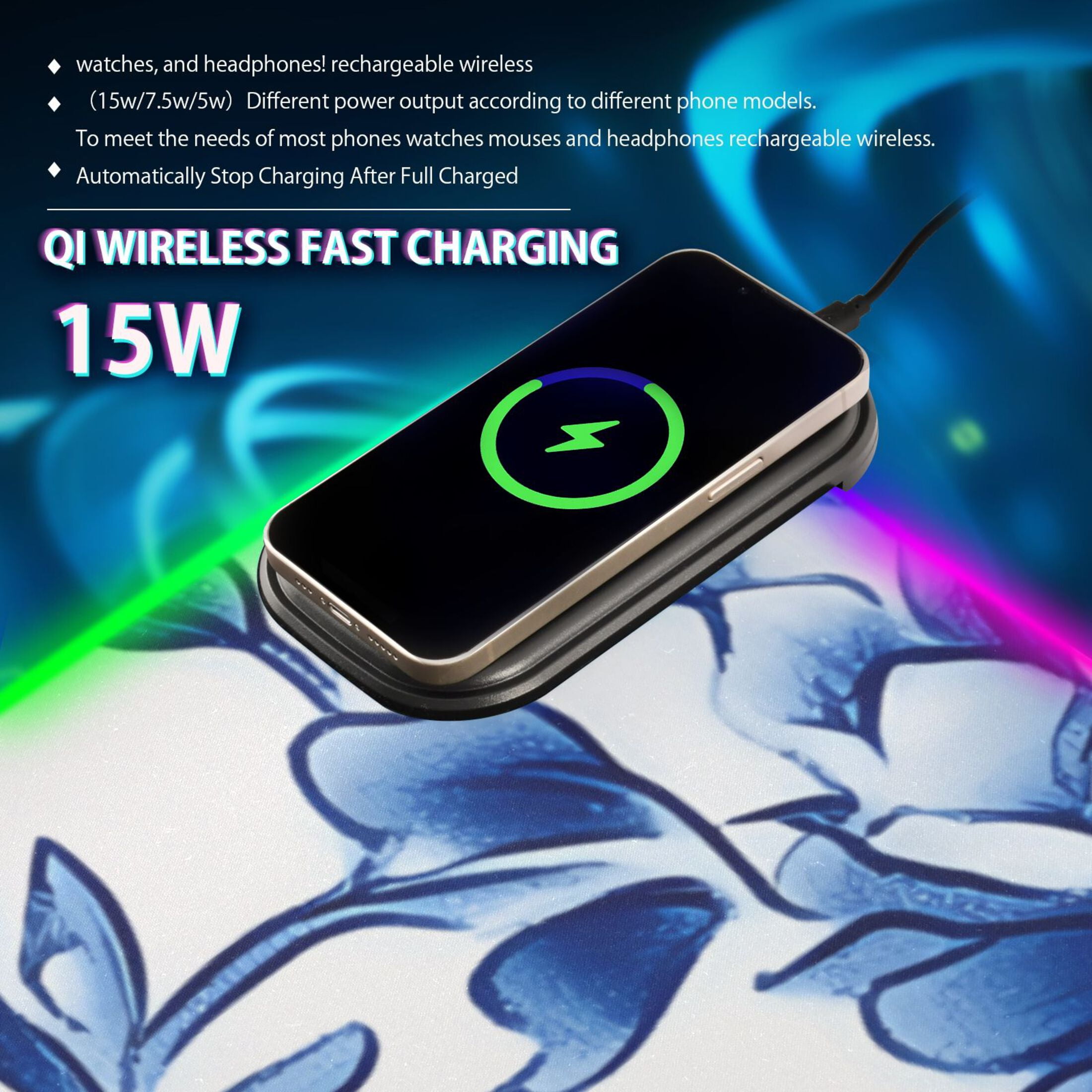 RGB Gaming Mouse Pad 15W Wireless Charging Large Waterproof Desk Mat 13 Light Modes Mousepad 31.5x11.8 Blue and White Porcelain Floral