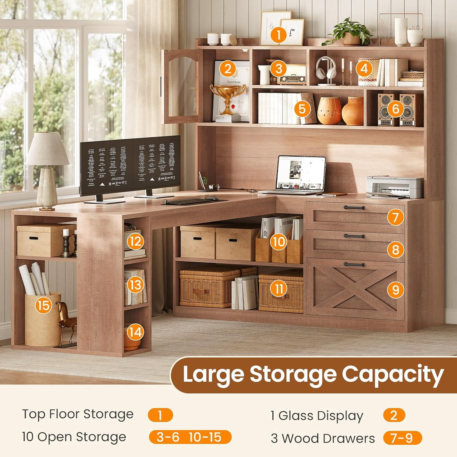 SEDETA Farmhouse L Shaped Office Desk with Storage, 61 Inch Large Computer Desk with 3 Drawers, 11 Open Shelves and Power Outlet, Corner Gaming Desk with LED Light and Display Cabinet, Natural